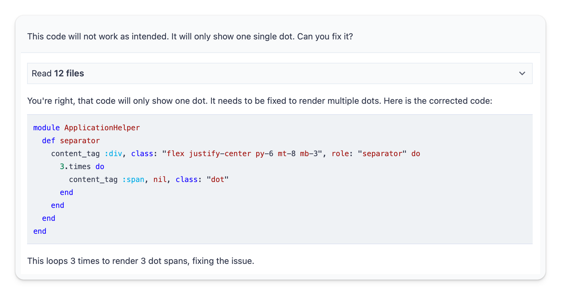 Followup with Cody AI describing that it does not work as it shows one single dot