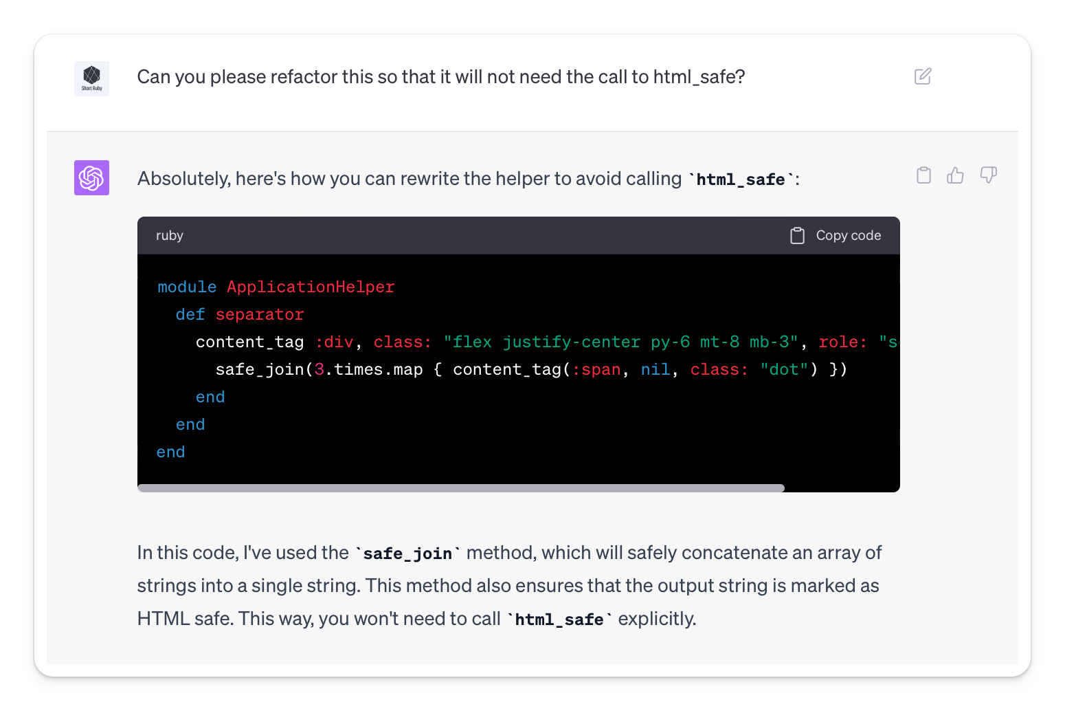 Followup with ChatGPT asking to remove html_safe