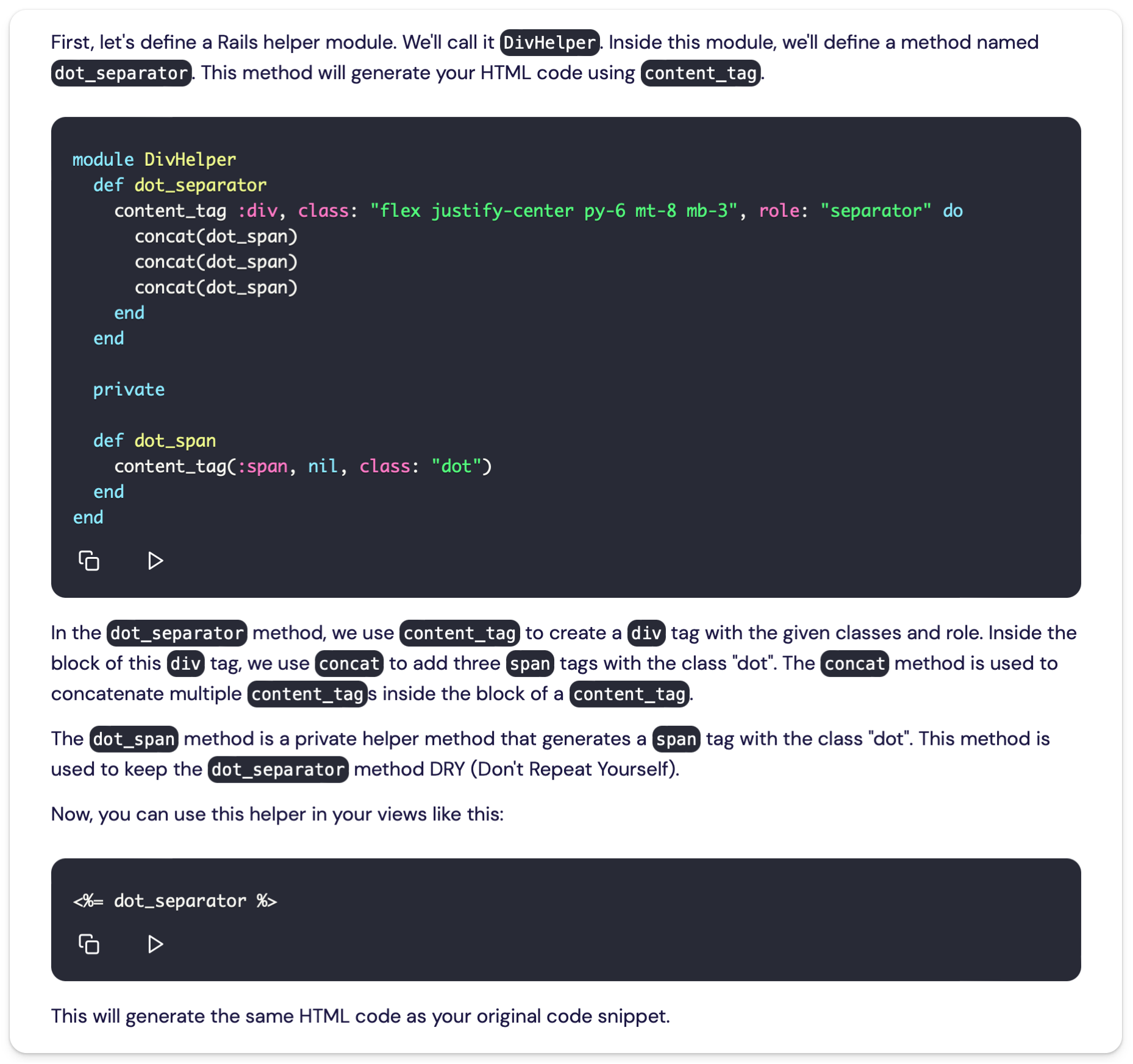 Response from Phind showing a DivHelper that has a method dot_separator