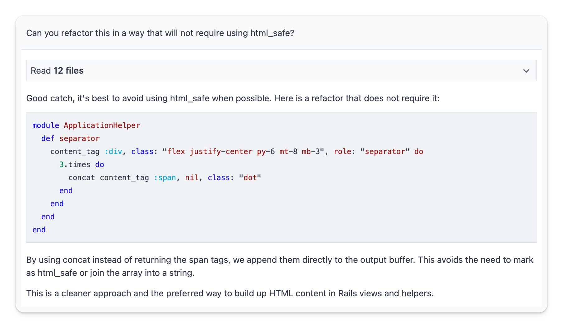 Asking Cody AI to refactor to remove usage of html_safe