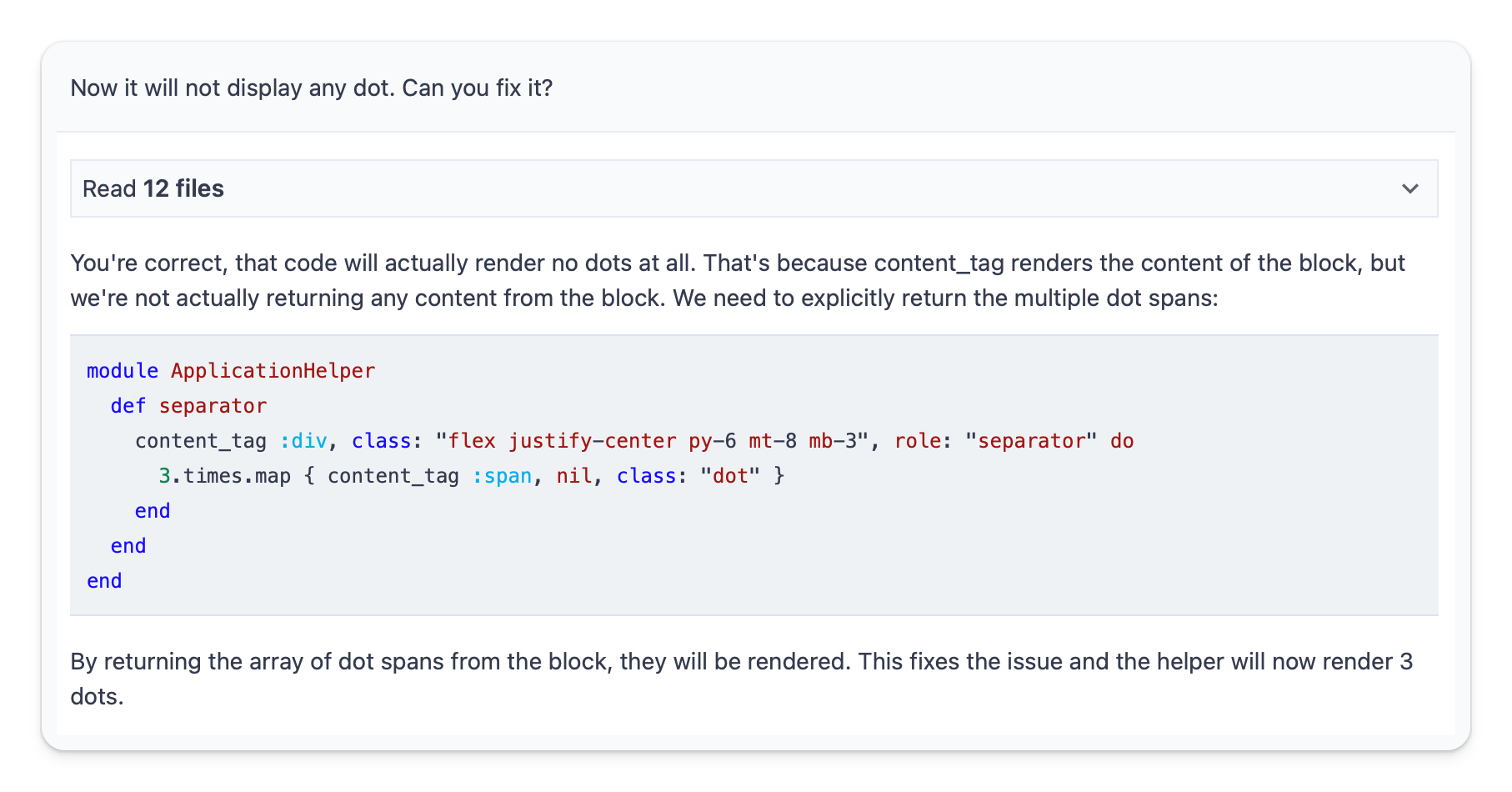 Second followup with Cody AI asking to fix the bug where it does not show anything