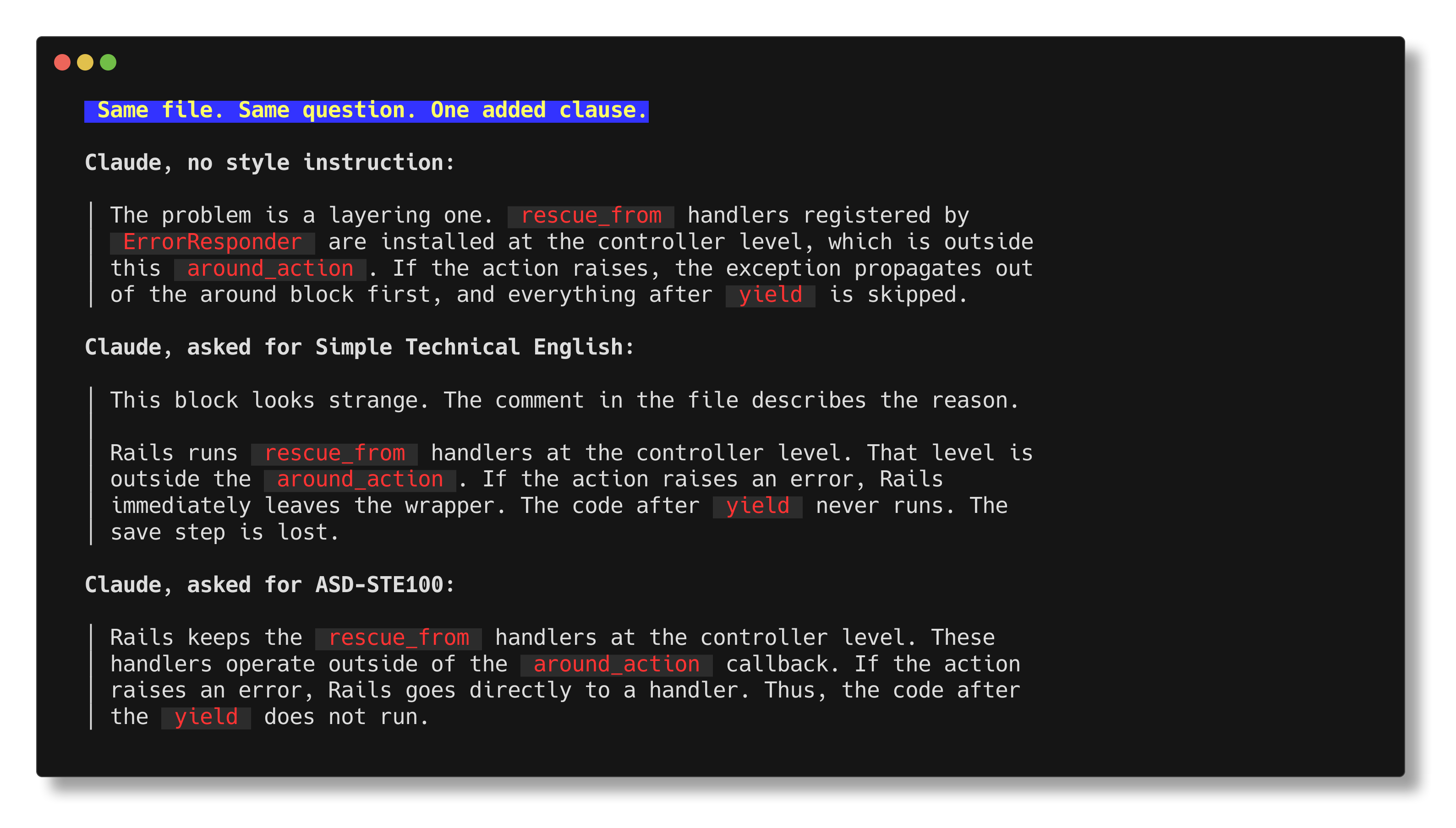 The same explanation with and without the format instruction