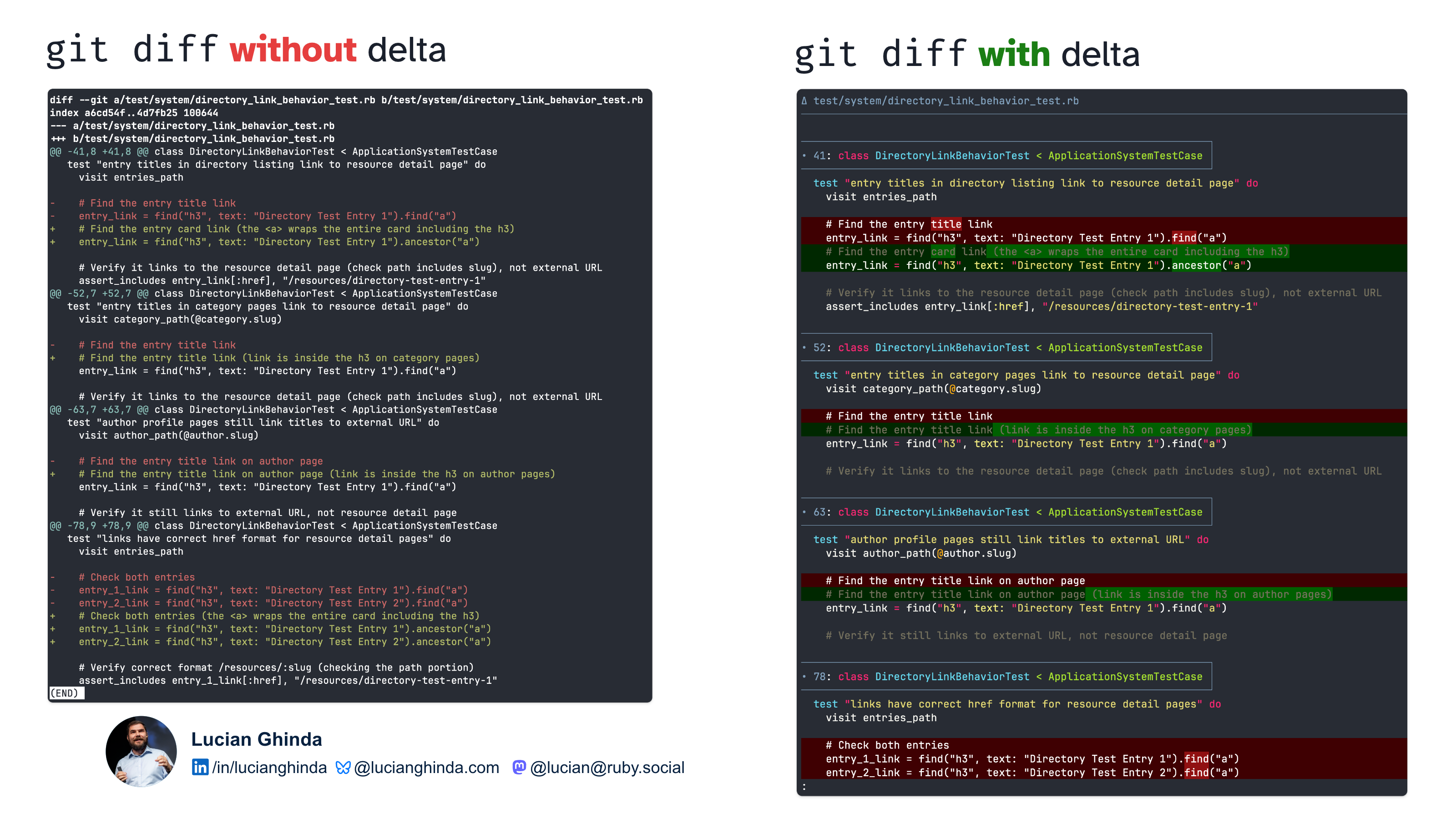 Side-by-side comparison of two git diffs: plain monochrome diff labeled "without delta" and colorful highlighted diff labeled "with delta," showing test file changes.