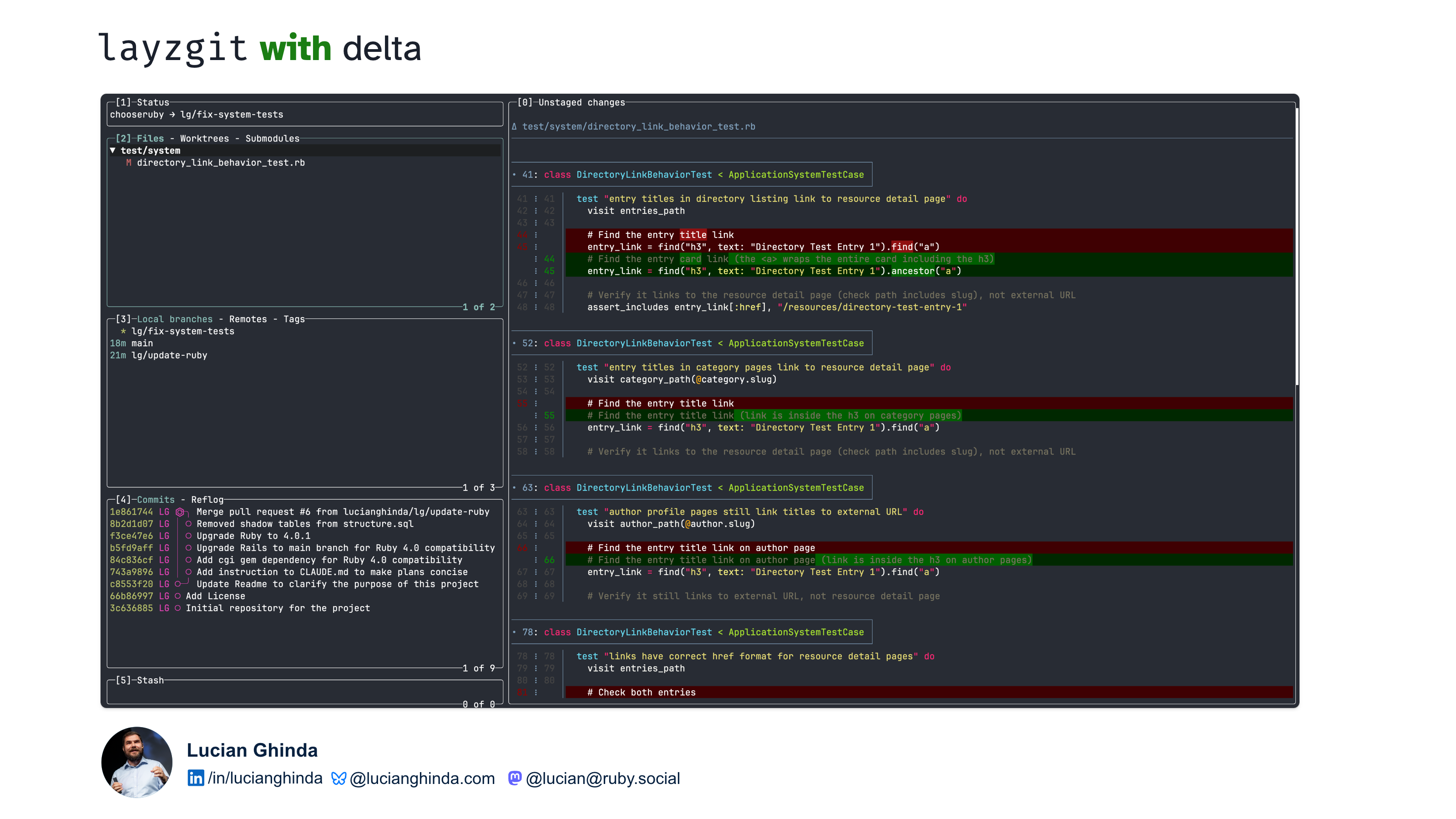 Terminal-style git UI showing lazygit with delta-style colored diff panels: left panes for status, branches and commits; right pane with code lines and inline red/green change highlights.