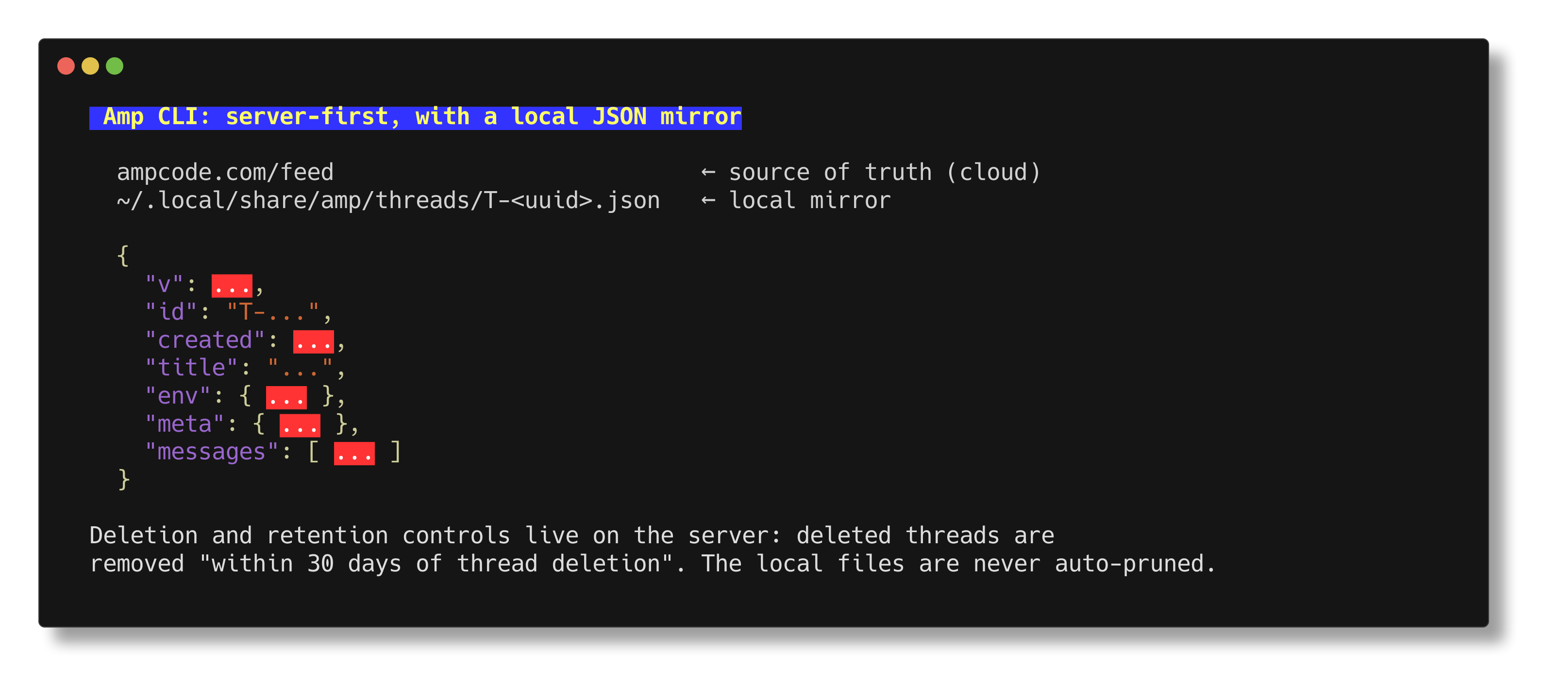 Amp CLI is server-first, with a local JSON mirror of each thread