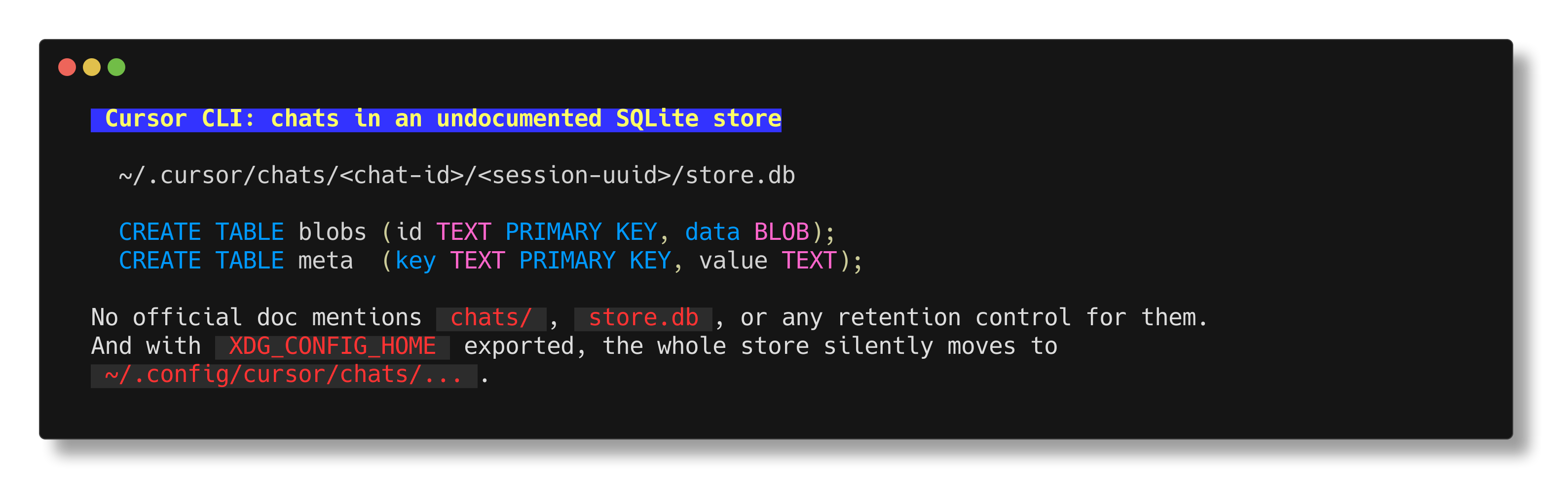 Cursor CLI keeps chats in an undocumented SQLite store.db with blobs and meta tables