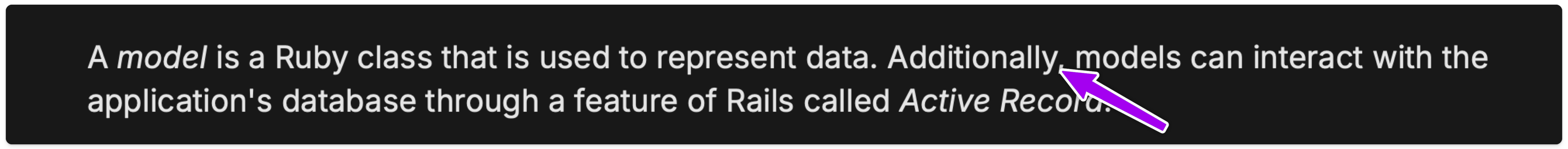 A screenshot from Rails Guides saying that a model is a Ruby class