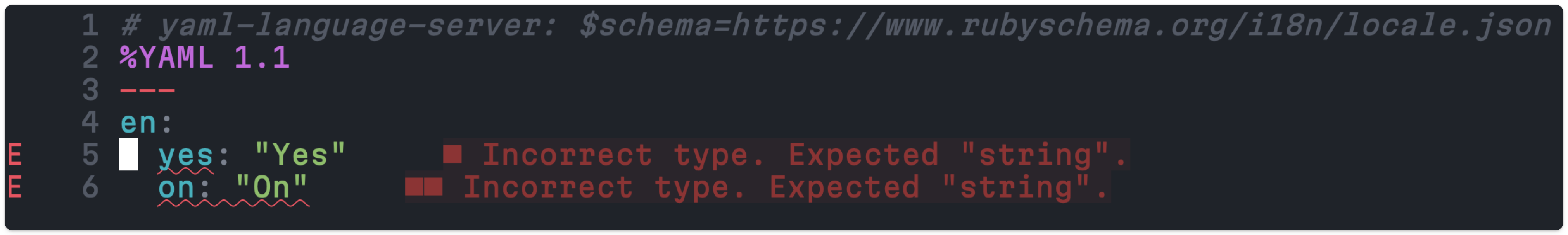 Screenshot of Neovim displaying an error message about using yes, no as locales key