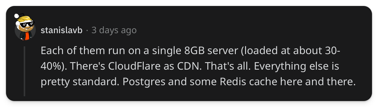 "Each of them run on a single 8GB server (loaded at about 30-40%). There's CloudFlare as CDN. That's all. Everything else is pretty standard. Postgres and some Redis cache here and there."