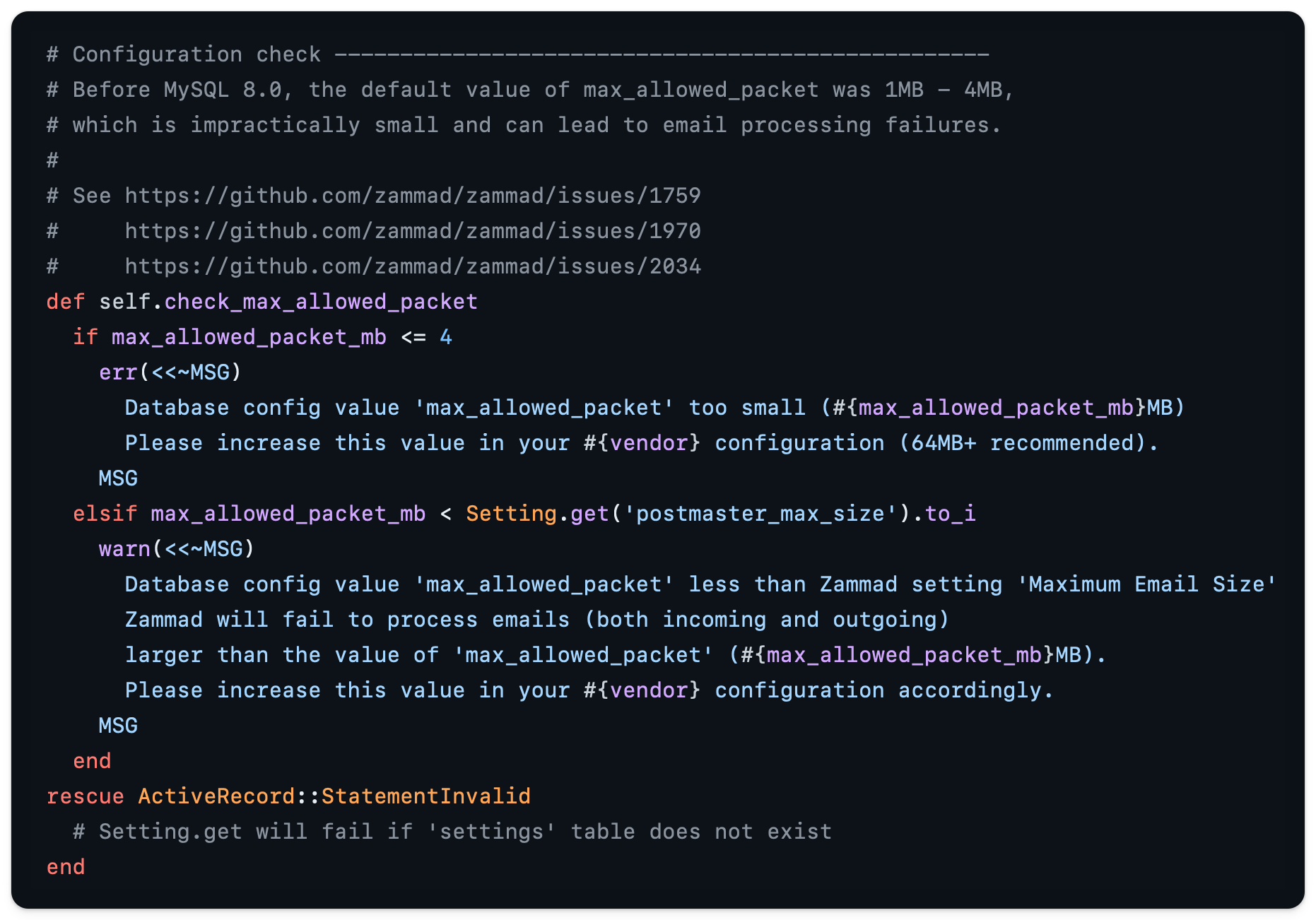 Code sample from MySQL DB preflight check