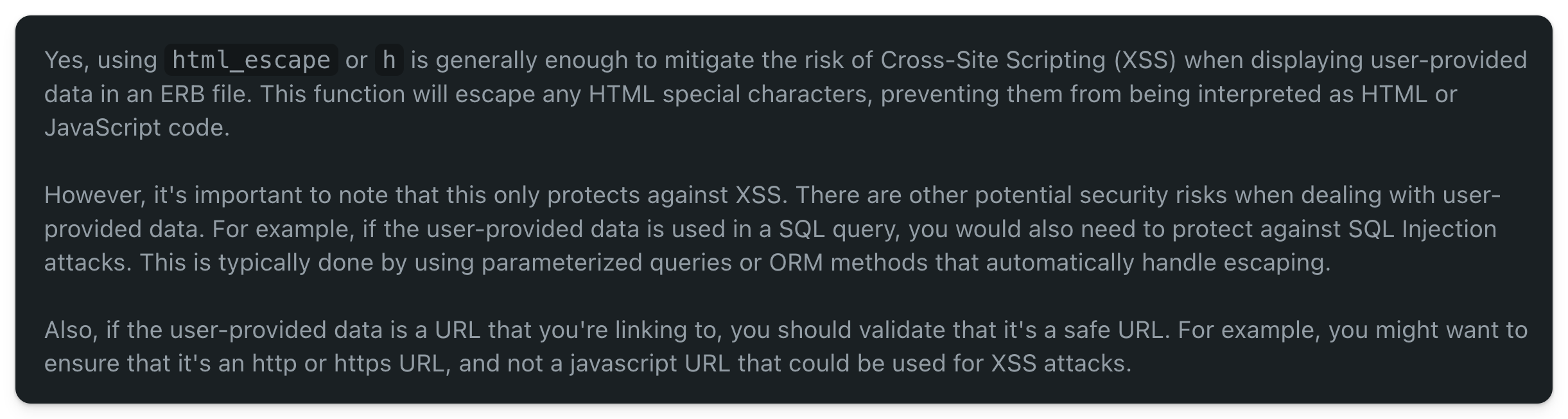 GPT4 response about using html_escape