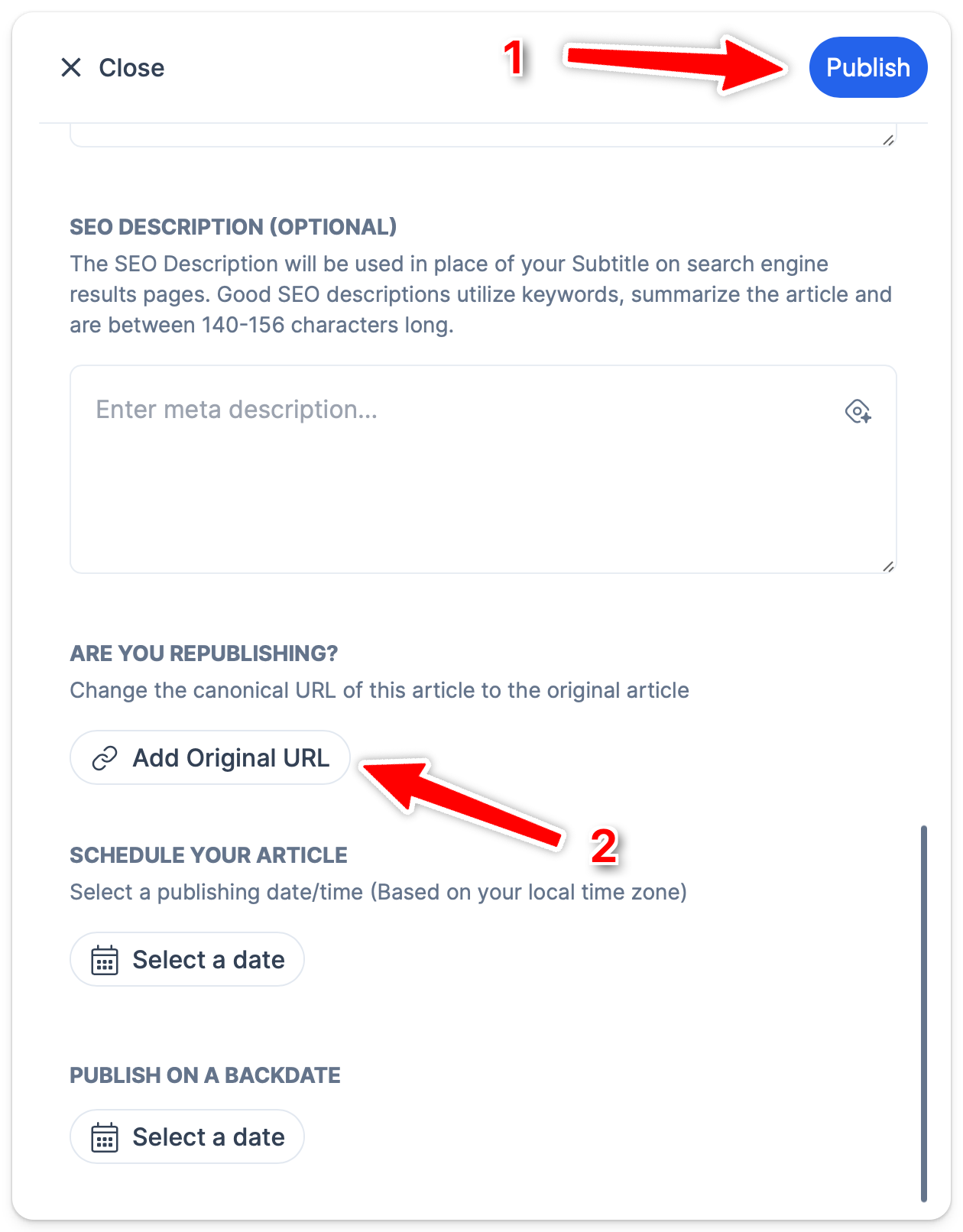 Where to find the input for writing Canonical URL at Hashnode